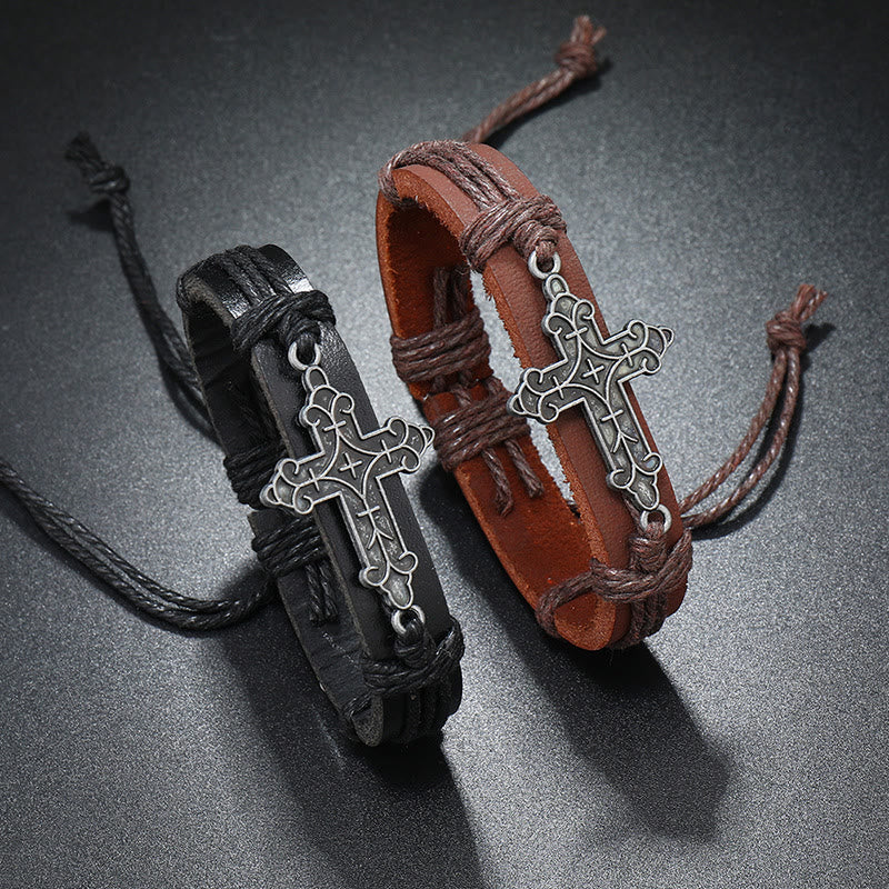 Christianartworkshop Braccialetto con ciondolo a croce in stile antico, regolabile con coulisse in pelle e legato con fedeltà - image 1