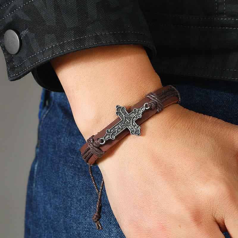 Christianartworkshop Braccialetto con ciondolo a croce in stile antico, regolabile con coulisse in pelle e legato con fedeltà - Marrone - image 0