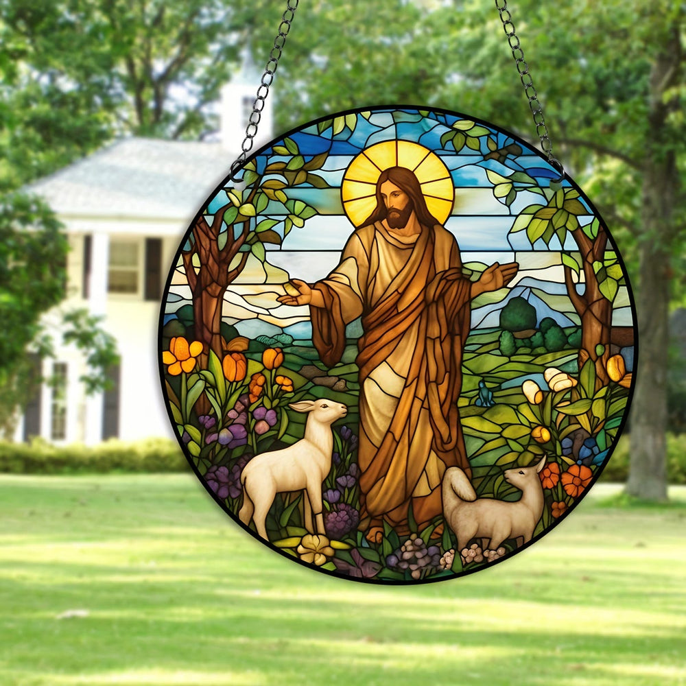 Christianartworkshop Vetrate colorate in stile Gesù il Buon Pastore Decorazioni natalizie da appendere - image 1