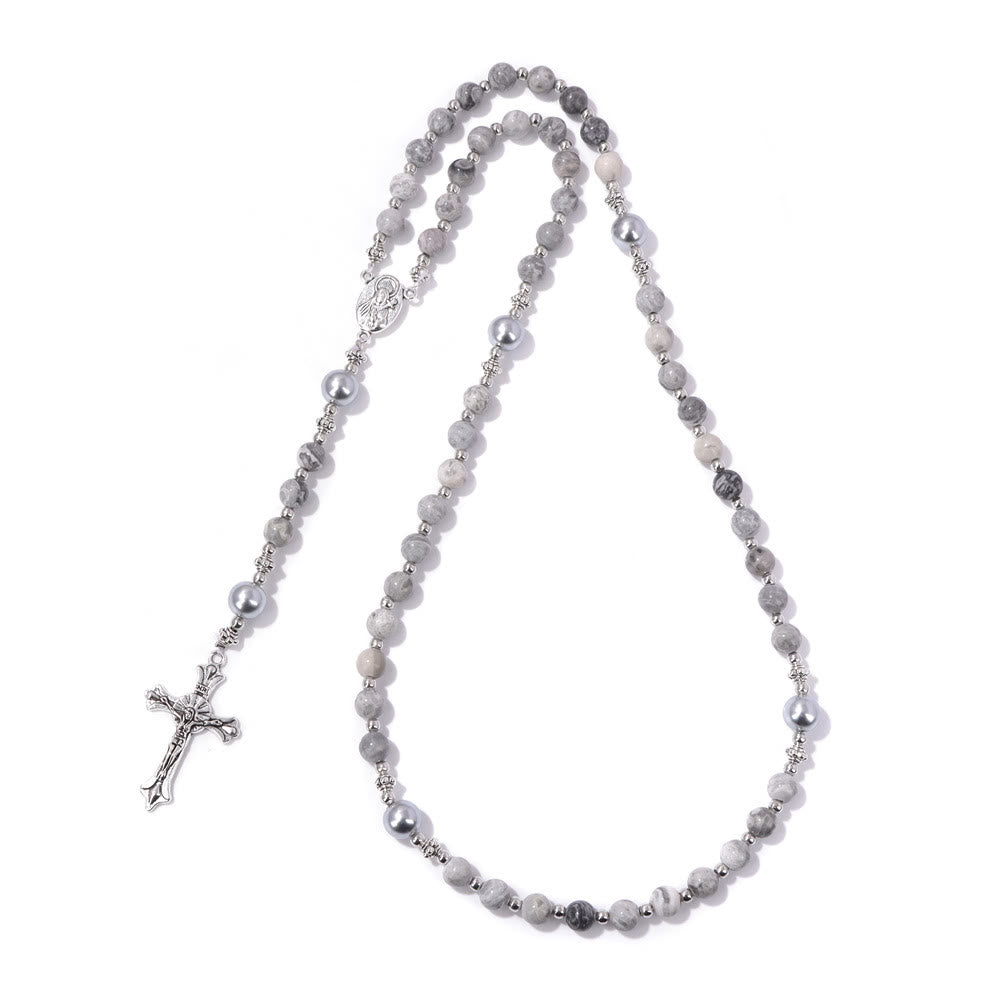 Rosario con preghiera della medaglia miracolosa in pietra naturale e perla Christianartworkshop - Pietra della mappa - image 17