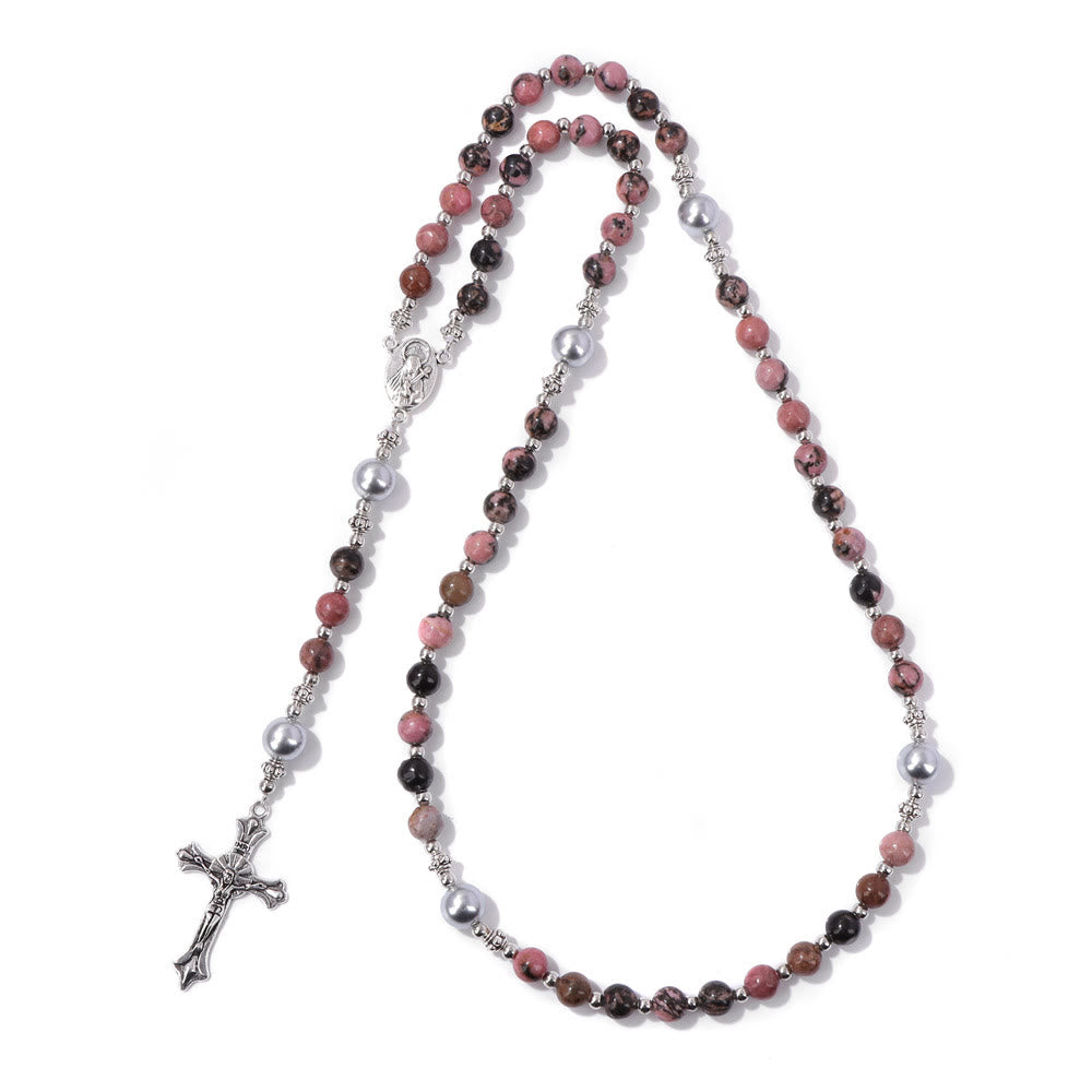Christianartworkshop Rosario con preghiera della medaglia della Madonna in pietra naturale e perla - Modello rosa nero - image 12