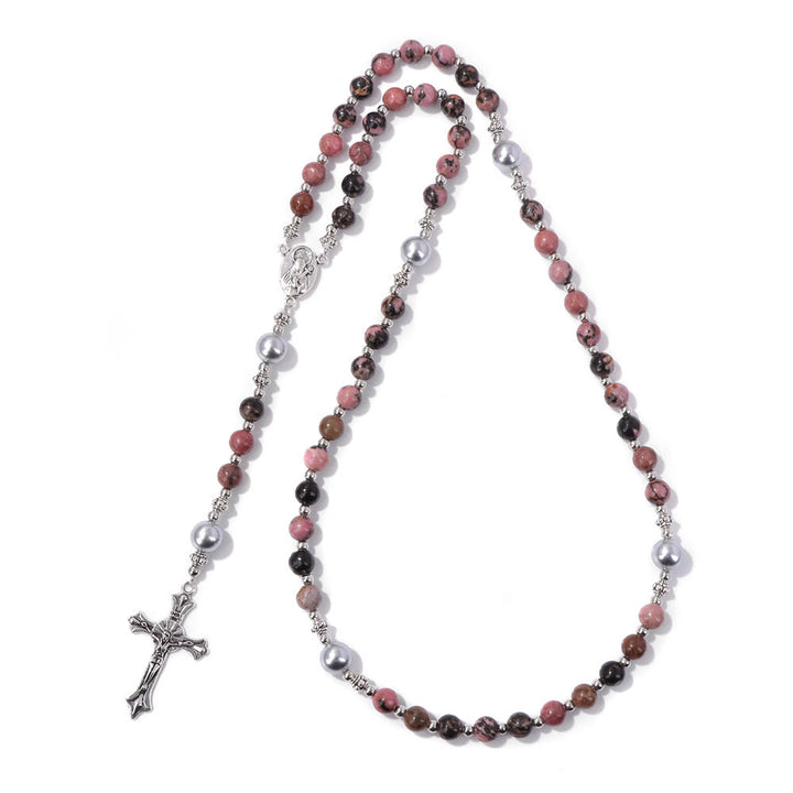 Christianartworkshop Rosario con preghiera della medaglia della Madonna in pietra naturale e perla - Modello rosa nero - image 12