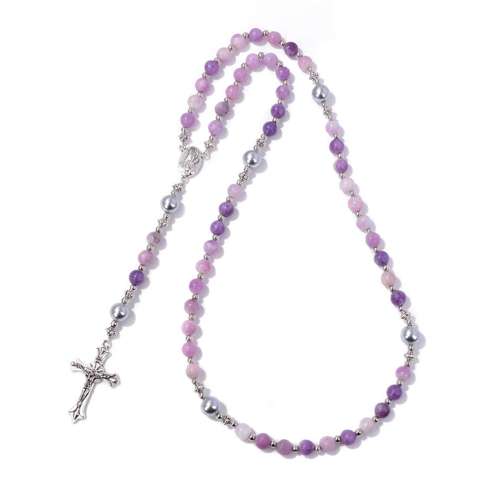 Christianartworkshop Rosario con preghiera della medaglia della Madonna in pietra naturale e perla - Mica viola - image 8
