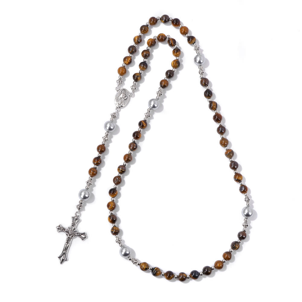 Christianartworkshop Rosario con preghiera della medaglia della Madonna in pietra naturale e perla - Occhi di tigre gialli - image 15