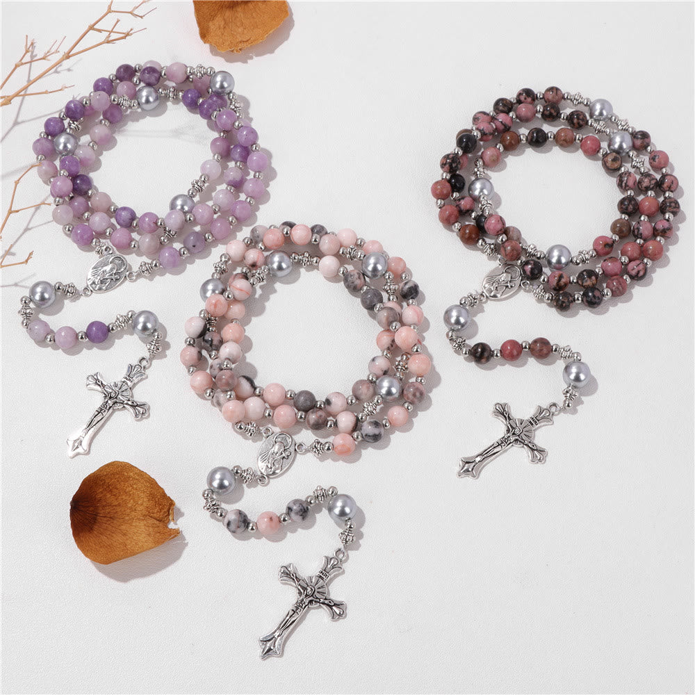 Rosario con preghiera della medaglia miracolosa in pietra naturale e perla Christianartworkshop - image 1