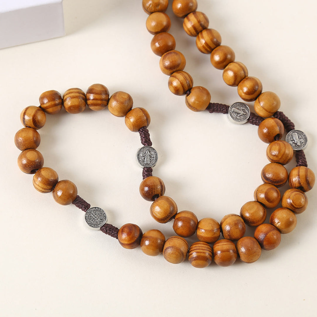 Christianartworkshop Medaglia di San Benedetto e Crocifisso del Perdono in legno marrone rotondo da 10 mm Rosario con cordino in nylon - image 4