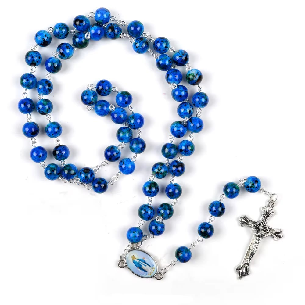 Christianartworkshop Crocifisso dell'Assunzione della Madonna e del Perdono con catena in lega di pietra naturale blu rotonda da 6 mm - image 3