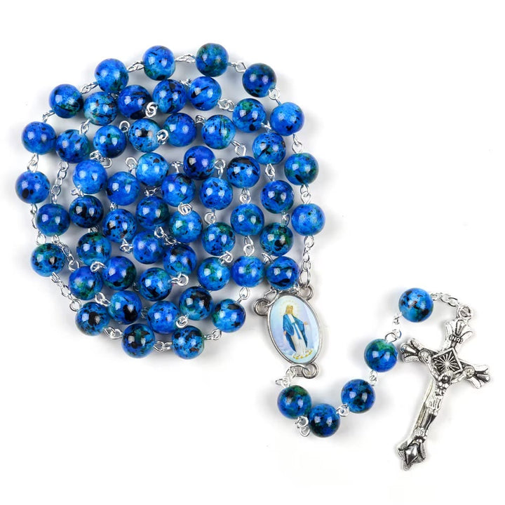 Christianartworkshop Crocifisso dell'Assunzione della Madonna e del Perdono con catena in lega di pietra naturale blu rotonda da 6 mm - Blu reale - image 0