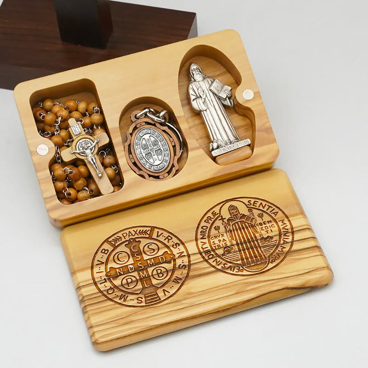 Set di rosari devozionali in legno d'ulivo di San Benedetto in stile classico Christianartworkshop - image 1
