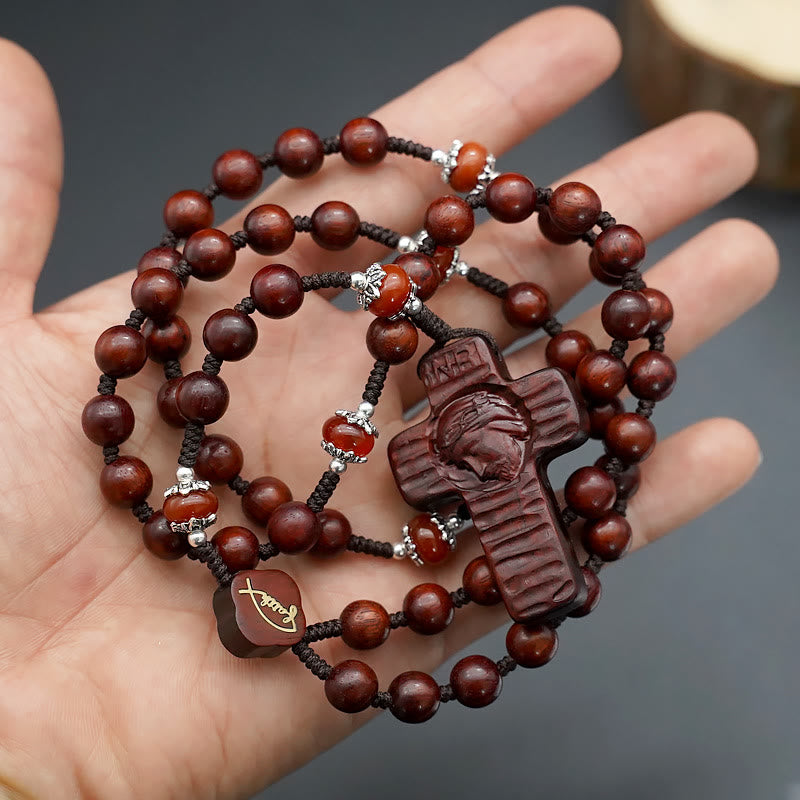 Christianartworkshop Croce di Gesù da 8 mm rotonda in legno di sandalo marrone/nero con cordino in nylon - image 1