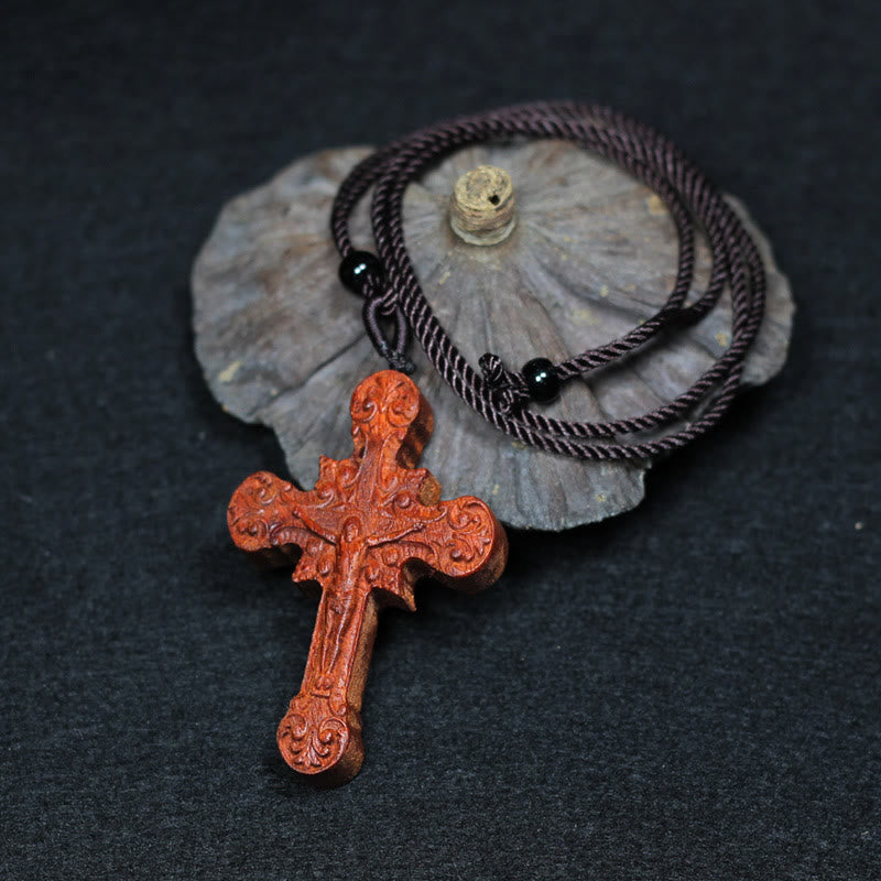 Christianartworkshop Collana con ciondolo in palissandro con volute di protezione sacra e crocifisso in stile classico - Crocifisso - image 0