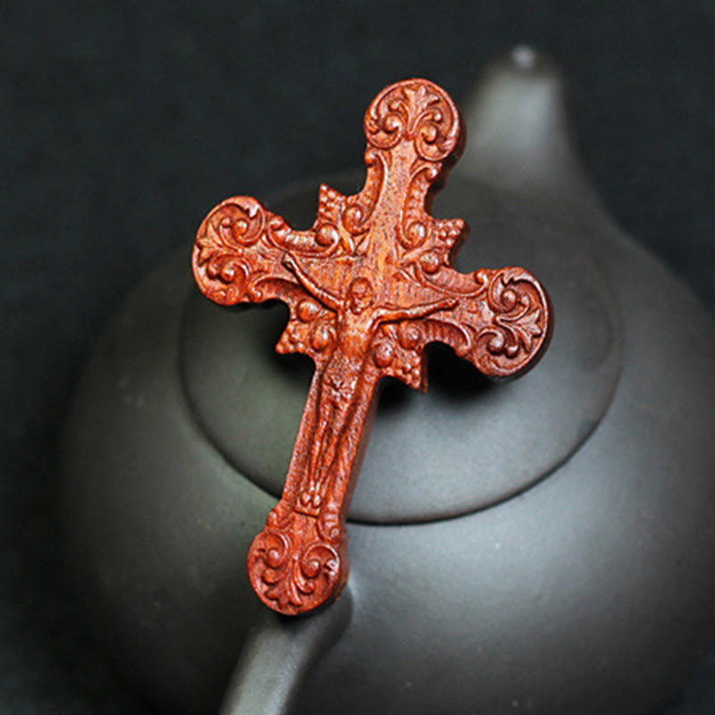 Christianartworkshop Collana con ciondolo in palissandro con volute di protezione sacra e crocifisso in stile classico - image 1