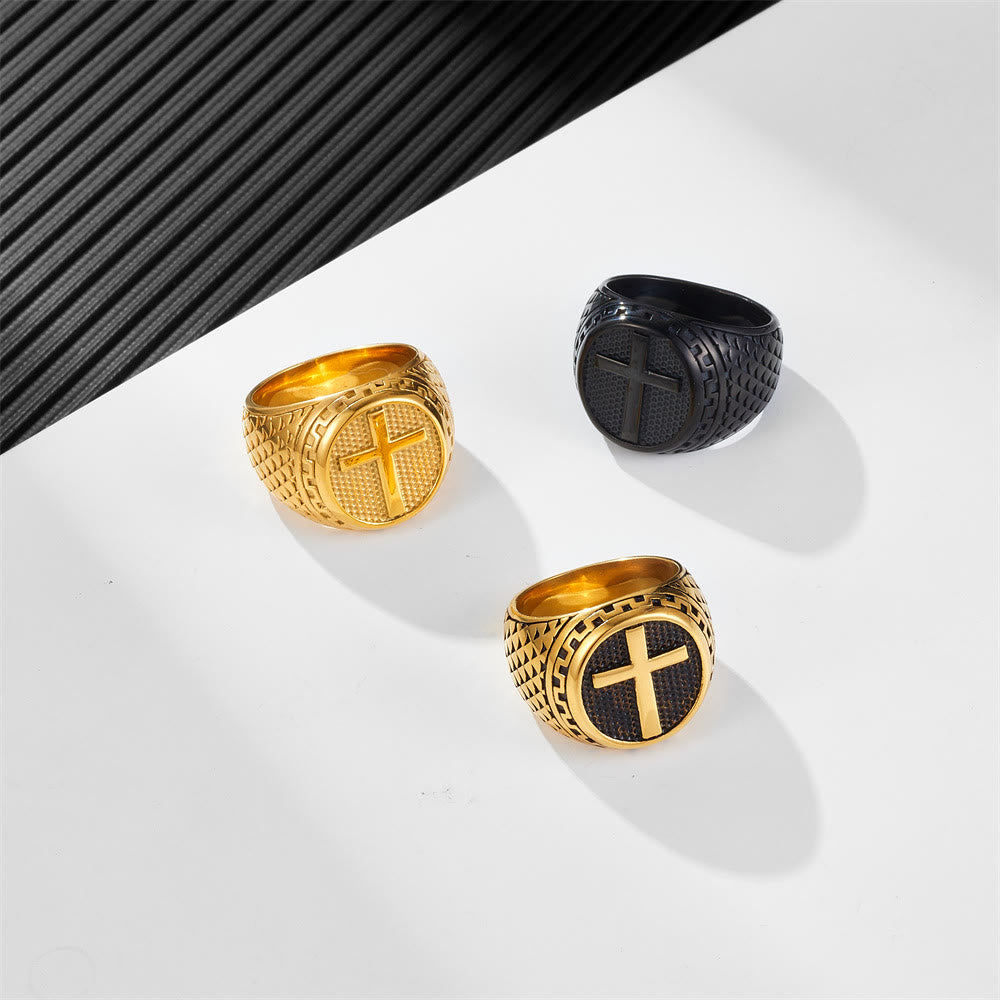 Anello in acciaio inossidabile con protezione sacra a forma di croce in stile classico realizzato Christianartworkshop - image 0