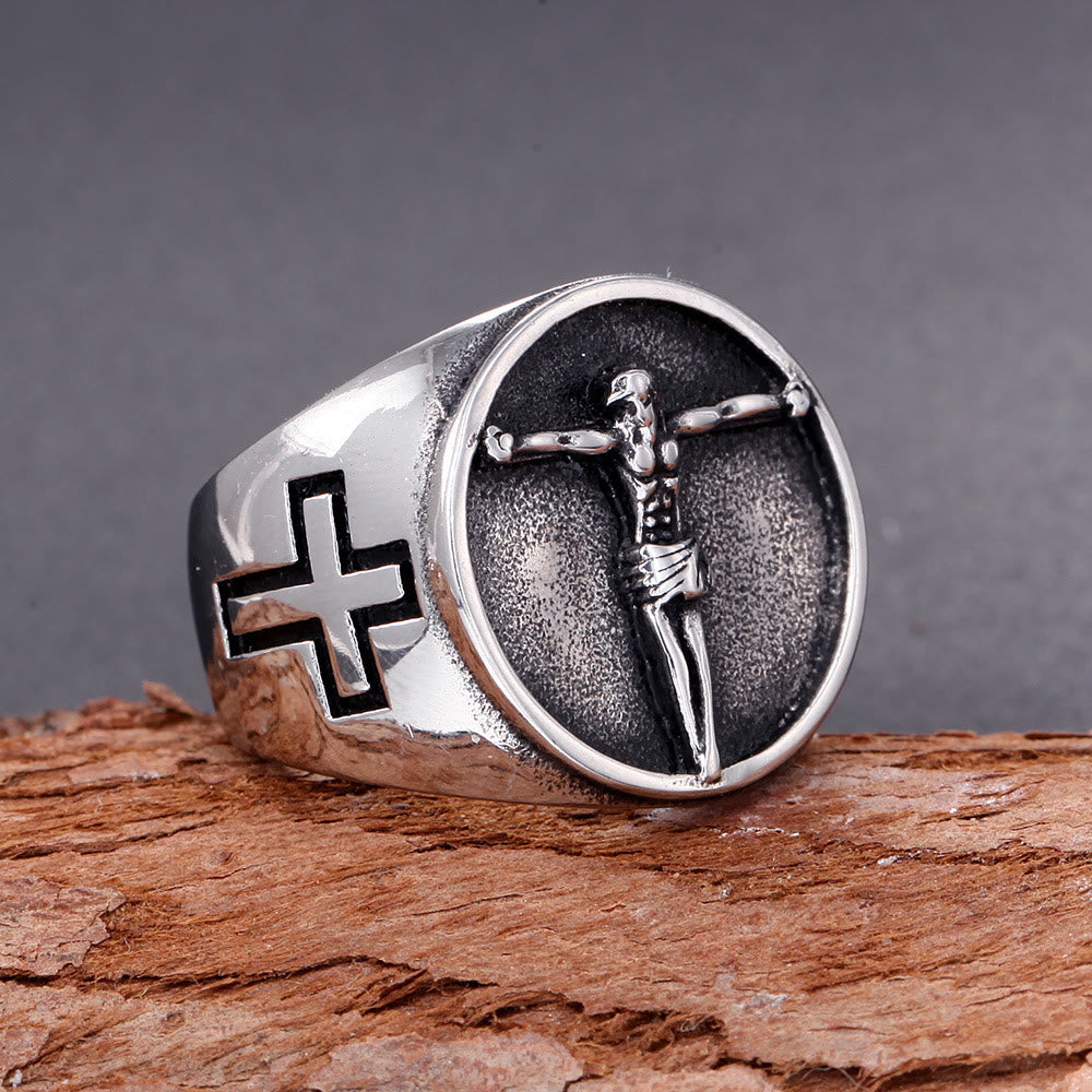 Christianartworkshop Anello classico retrò con simbolo della croce di Gesù e della fede benedetta - image 1