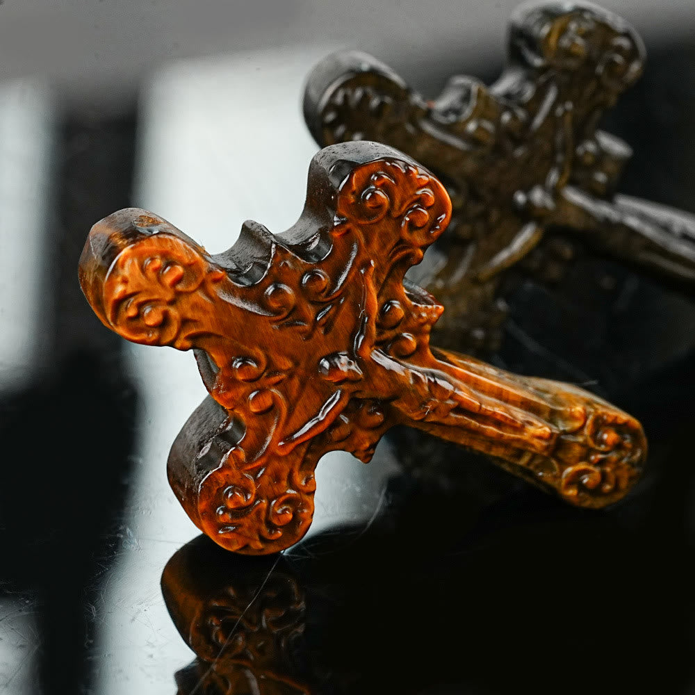 Christianartworkshop Pietra naturale Occhio di tigre Labradorite Ossidiana Lapislazzuli Decorazioni a volute Crocifisso - Occhio di tigre - image 0