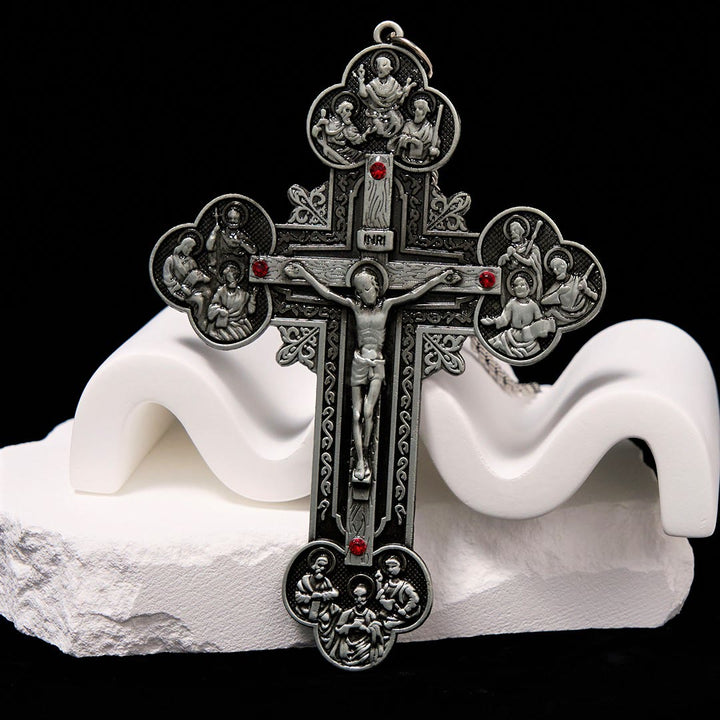 Collana con ciondolo con crocifisso decorato in stile classico Christianartworkshop con iconografia di tutti i santi e accenti di gemme rosse - image 10