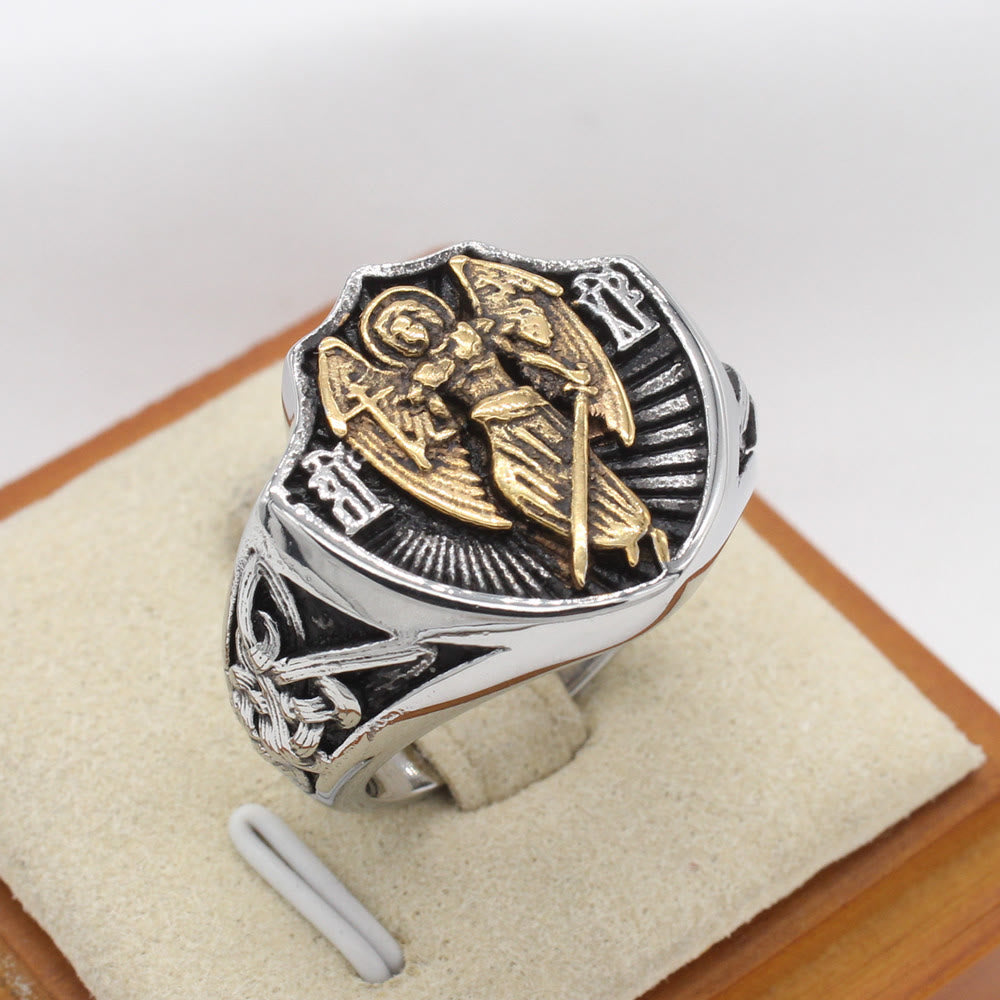 Anello di protezione e forza dell'angelo custode di San Michele in stile retrò Christianartworkshop - image 1
