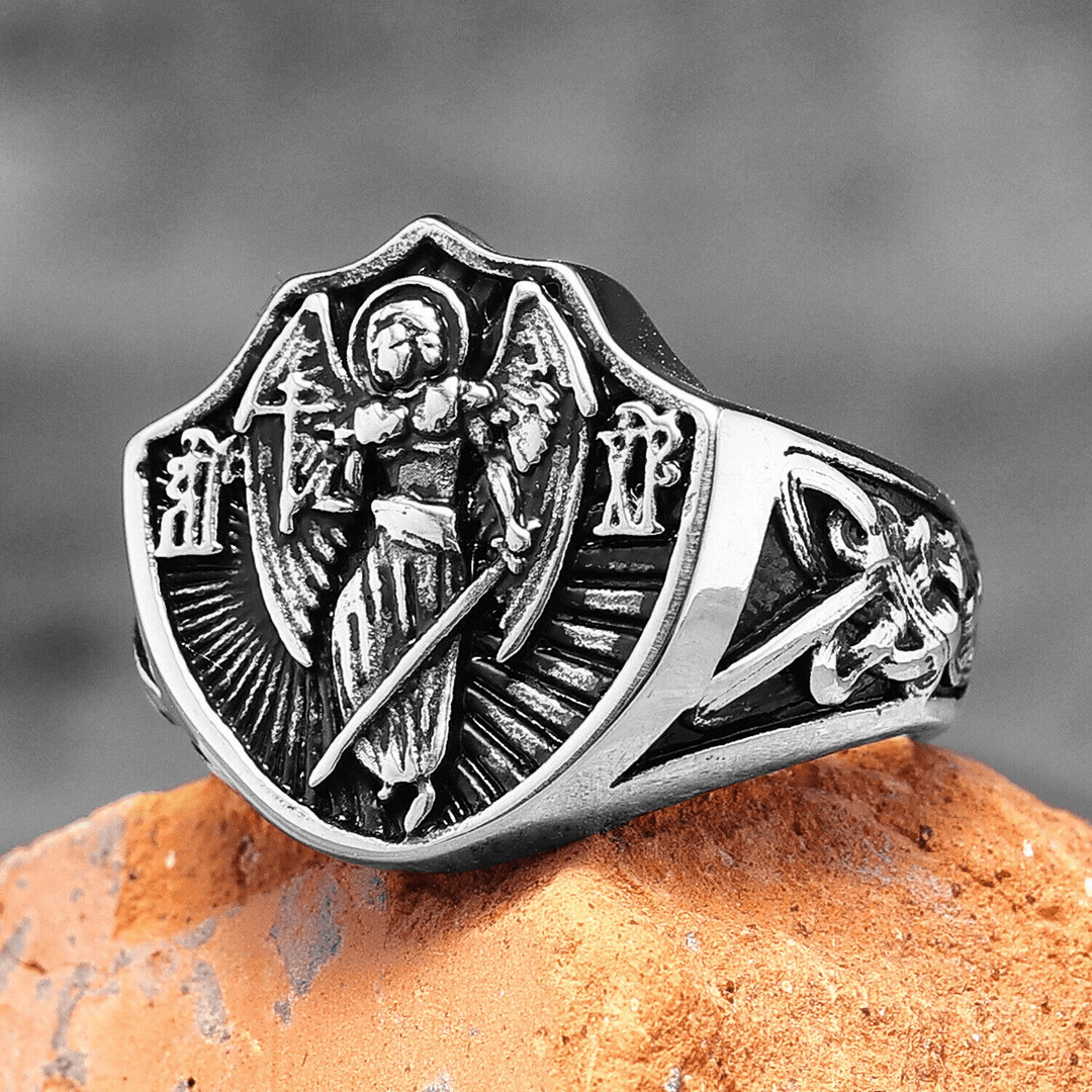 Anello di protezione e forza dell'angelo custode di San Michele in stile retrò Christianartworkshop - Argento - US 13 - image 0