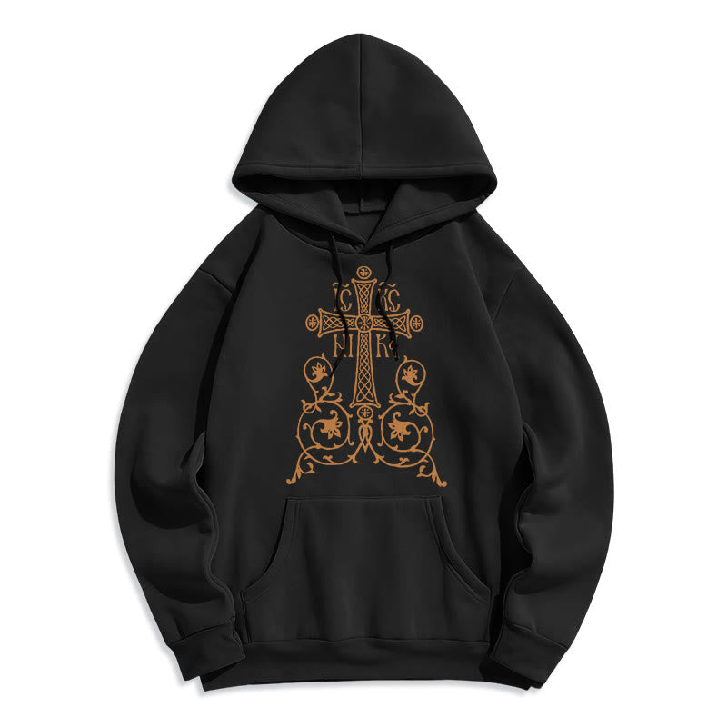 Felpa con cappuccio in poliestere foderata in pile con emblema della croce sacra in stile classico Christianartworkshop - Nero - 2XL - image 0