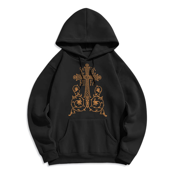 Felpa con cappuccio in poliestere foderata in pile con emblema della croce sacra in stile classico Christianartworkshop - Nero - 2XL - image 0