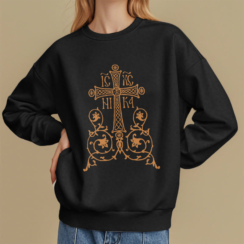 Felpa in poliestere foderata in pile con emblema della croce sacra in stile classico Christianartworkshop - image 1