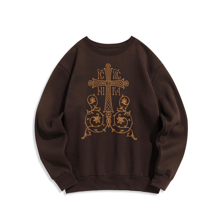 Felpa in poliestere foderata in pile con emblema della croce sacra in stile classico Christianartworkshop - Marrone - 2XL - image 15