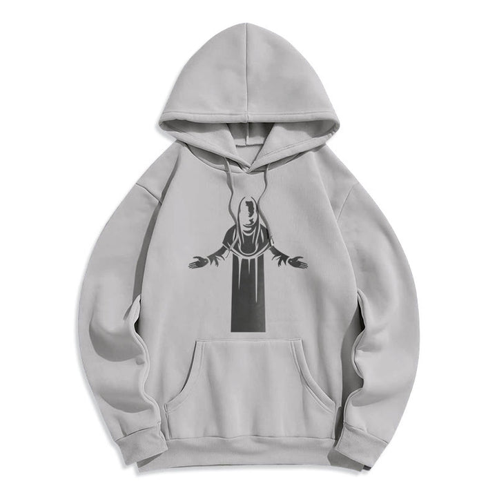 Christianartworkshop Felpa con cappuccio in poliestere foderata in pile, stile classico, raffigurante un santo con le mani aperte in preghiera - Grigio - 2XL - image 30