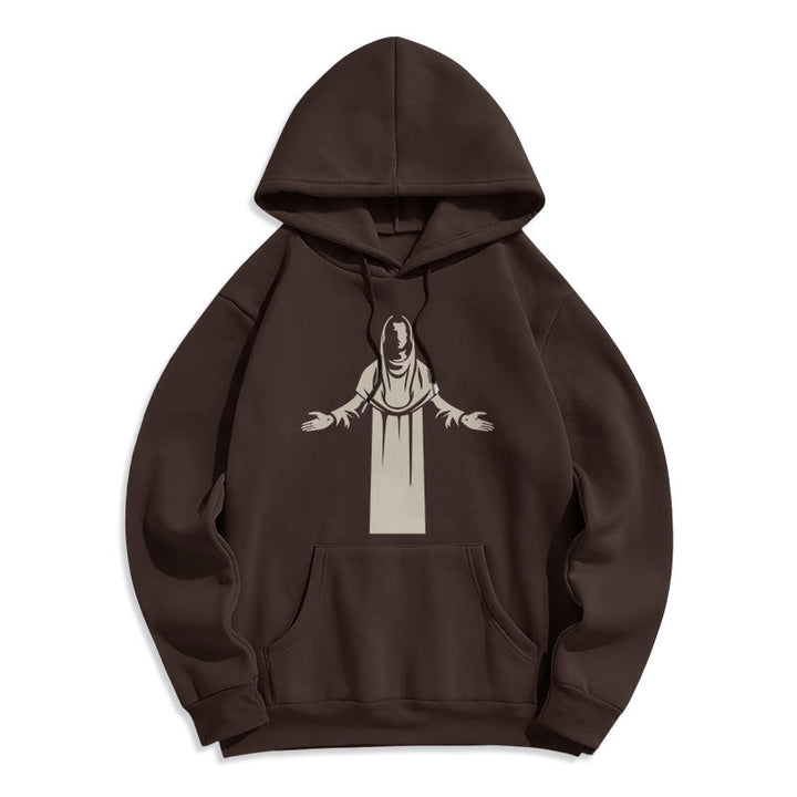 Christianartworkshop Felpa con cappuccio in poliestere foderata in pile, stile classico, raffigurante un santo con le mani aperte in preghiera - Marrone - 2XL - image 15