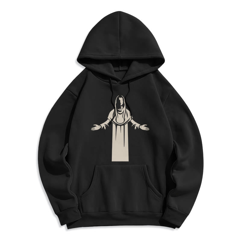 Christianartworkshop Felpa con cappuccio in poliestere foderata in pile, stile classico, raffigurante un santo con le mani aperte in preghiera - Nero - 2XL - image 5