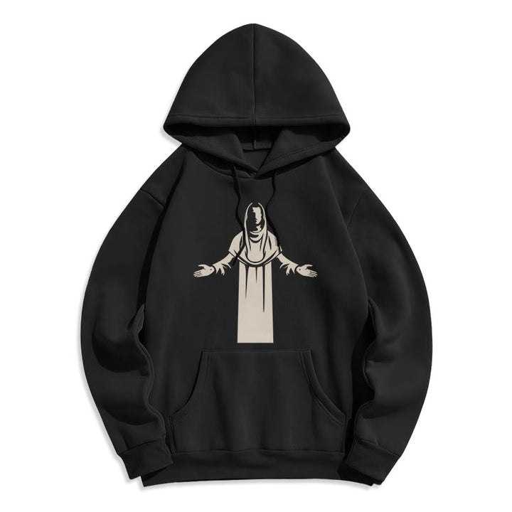 Christianartworkshop Felpa con cappuccio in poliestere foderata in pile, stile classico, raffigurante un santo con le mani aperte in preghiera - Nero - 2XL - image 5