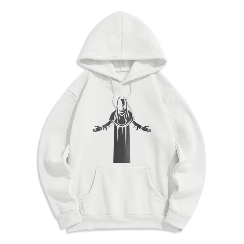 Christianartworkshop Felpa con cappuccio in poliestere foderata in pile, stile classico, raffigurante un santo con le mani aperte in preghiera - Bianco - 2XL - image 10