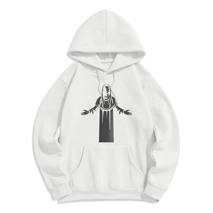 Christianartworkshop Felpa con cappuccio in poliestere foderata in pile, stile classico, raffigurante un santo con le mani aperte in preghiera - Bianco - 2XL - image 10
