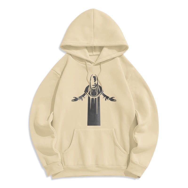 Christianartworkshop Felpa con cappuccio in poliestere foderata in pile, stile classico, raffigurante un santo con le mani aperte in preghiera - Beige - 2XL - image 0