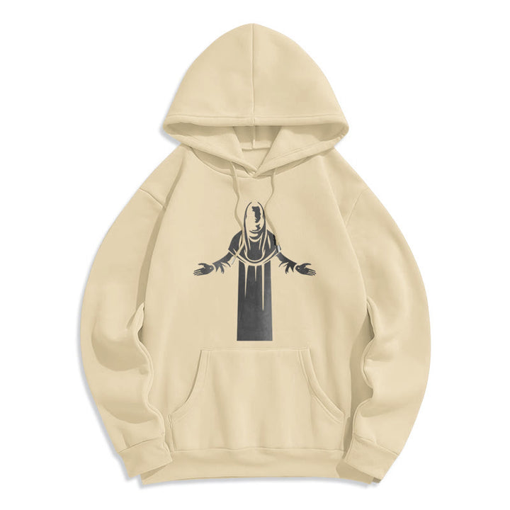 Christianartworkshop Felpa con cappuccio in poliestere foderata in pile, stile classico, raffigurante un santo con le mani aperte in preghiera - Beige - 2XL - image 0