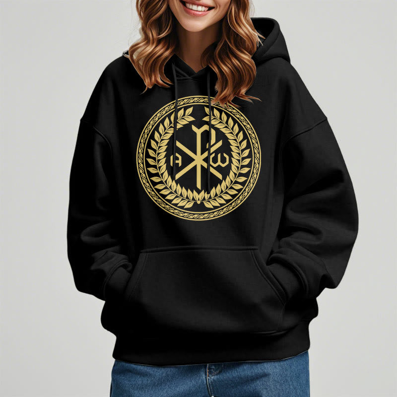 Felpa con cappuccio in poliestere foderata in pile con emblema sacro Chi-rho in stile classico Christianartworkshop - image 1