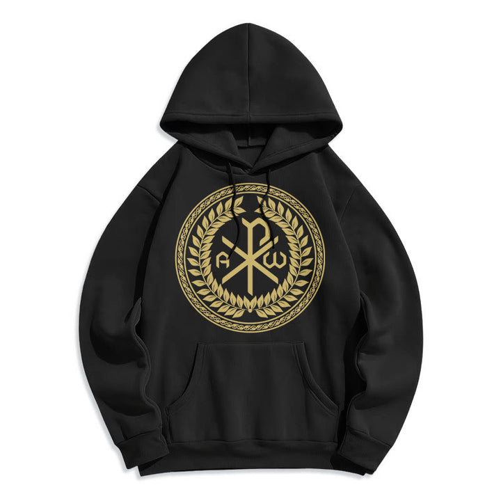 Felpa con cappuccio in poliestere foderata in pile con emblema sacro Chi-rho in stile classico Christianartworkshop - Nero - 2XL - image 0