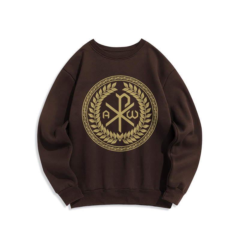 Felpa in poliestere foderata in pile con emblema sacro Chi-rho in stile classico Christianartworkshop - Marrone - 2XL - image 15