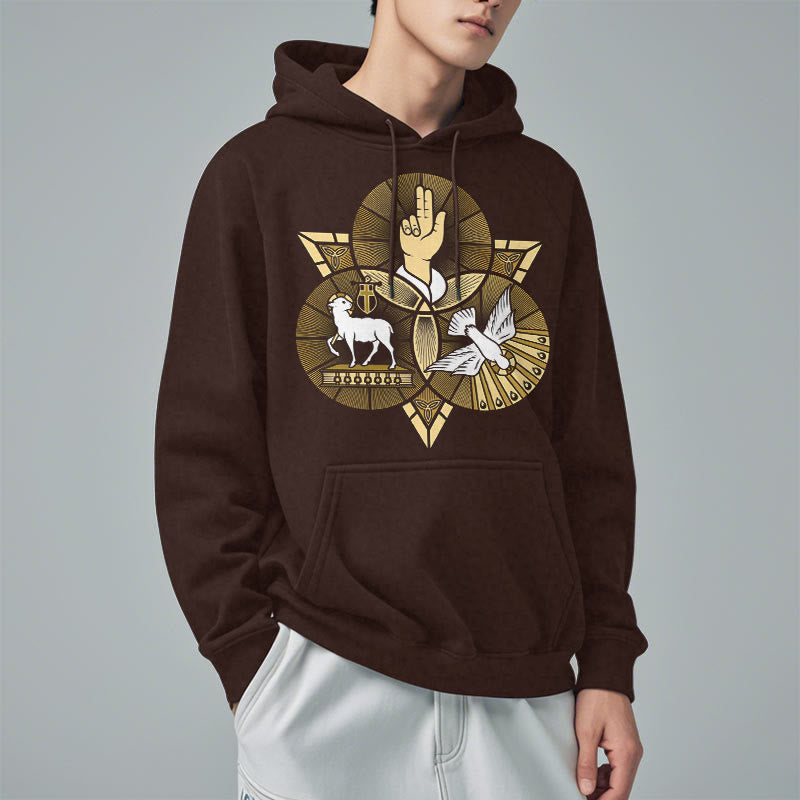 Felpa con cappuccio in poliestere foderata in pile con colomba, stile moderno, raffigurante l'Agnello di Dio di San Benedetto Christianartworkshop - image 17