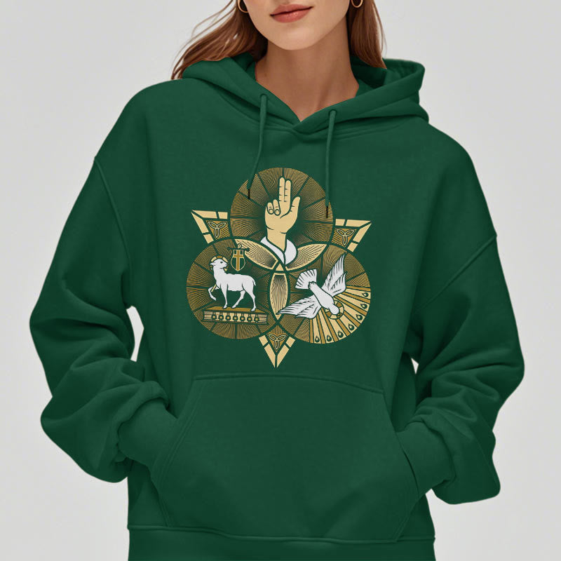 Felpa con cappuccio in poliestere foderata in pile con colomba, stile moderno, raffigurante l'Agnello di Dio di San Benedetto Christianartworkshop - image 22