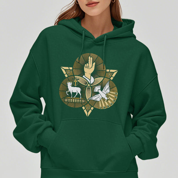 Felpa con cappuccio in poliestere foderata in pile con colomba, stile moderno, raffigurante l'Agnello di Dio di San Benedetto Christianartworkshop - image 22