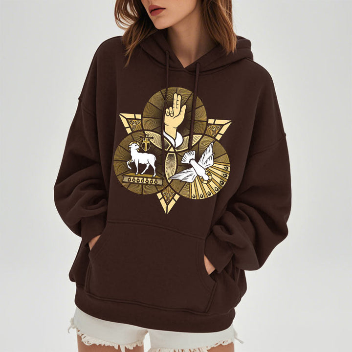 Felpa con cappuccio in poliestere foderata in pile con colomba, stile moderno, raffigurante l'Agnello di Dio di San Benedetto Christianartworkshop - image 18