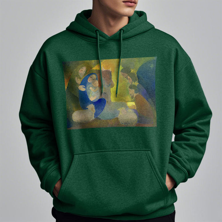 Christianartworkshop Felpa con cappuccio in poliestere foderata in pile con scena della Natività in stile classico colorato e notte santa - image 22