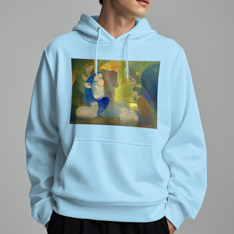 Christianartworkshop Felpa con cappuccio in poliestere foderata in pile con scena della Natività in stile classico colorato e notte santa - image 27