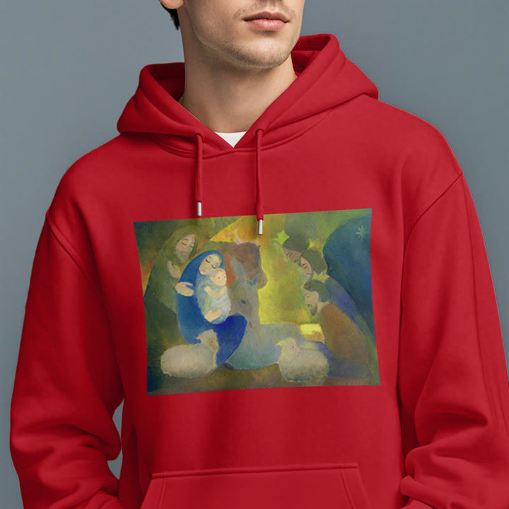 Christianartworkshop Felpa con cappuccio in poliestere foderata in pile con scena della Natività in stile classico colorato e notte santa - image 37