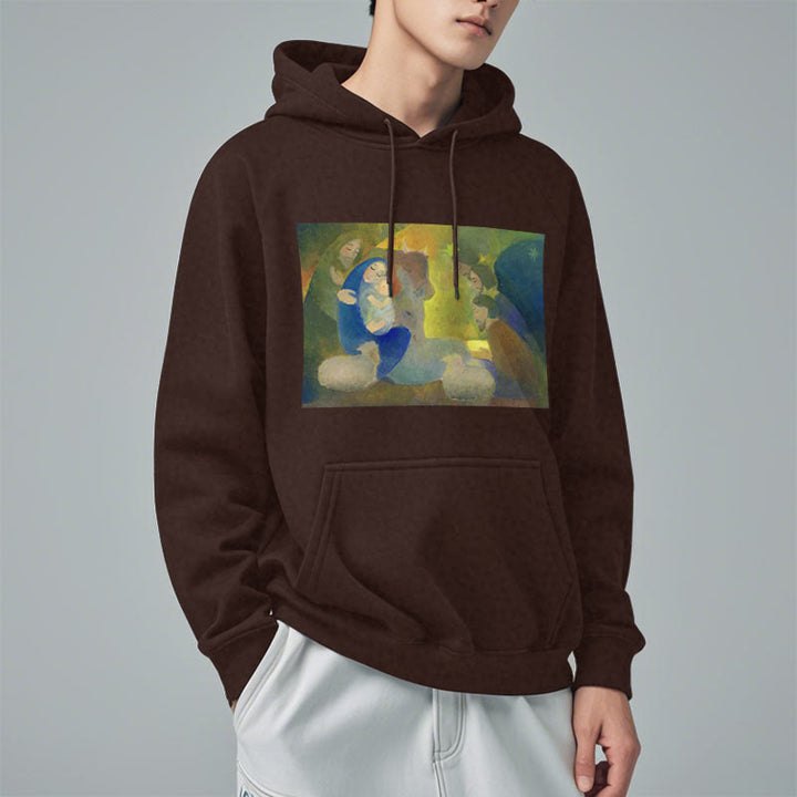 Christianartworkshop Felpa con cappuccio in poliestere foderata in pile con scena della Natività in stile classico colorato e notte santa - image 17