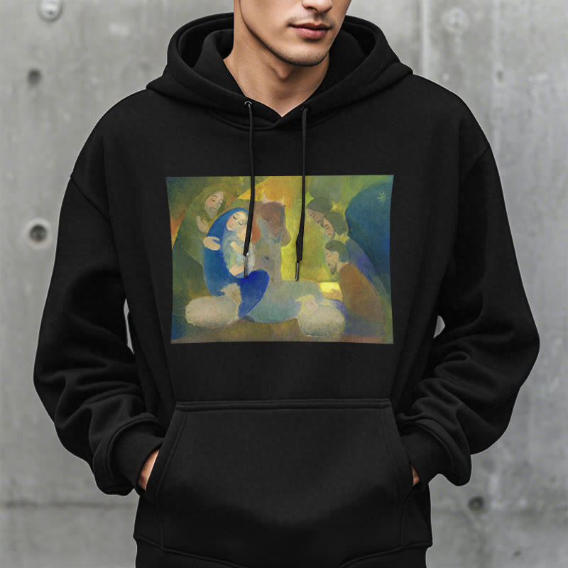 Christianartworkshop Felpa con cappuccio in poliestere foderata in pile con scena della Natività in stile classico colorato e notte santa - image 7