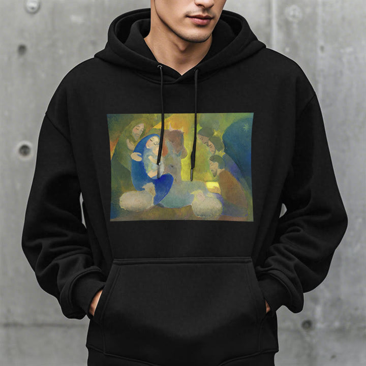 Christianartworkshop Felpa con cappuccio in poliestere foderata in pile con scena della Natività in stile classico colorato e notte santa - image 7