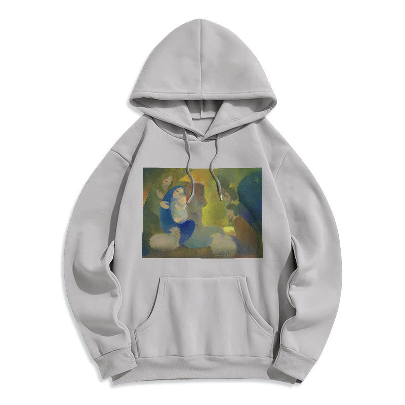 Christianartworkshop Felpa con cappuccio in poliestere foderata in pile con scena della Natività in stile classico colorato e notte santa - Grigio - 2XL - image 30