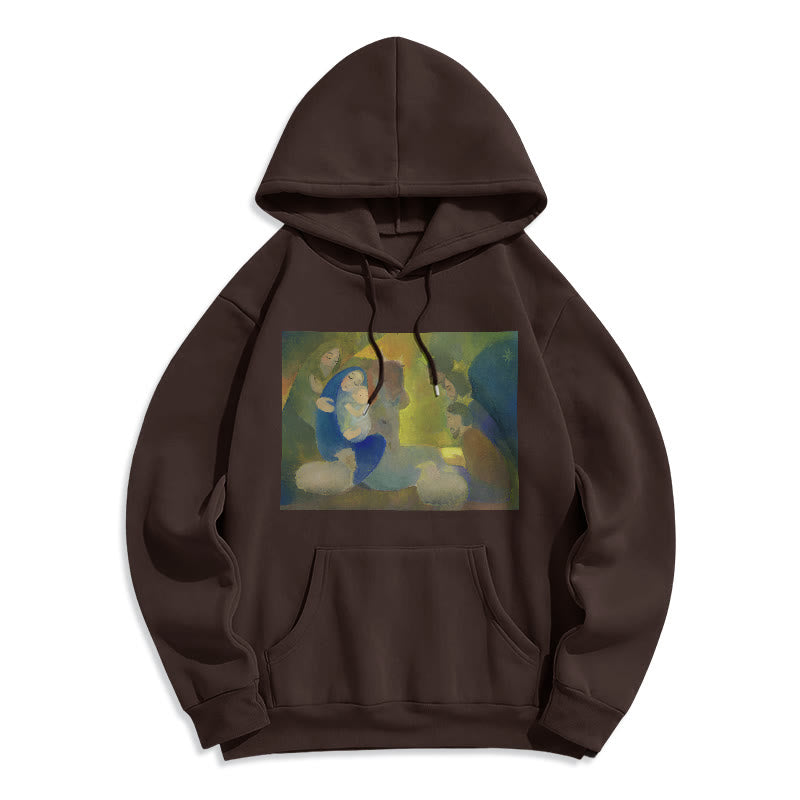 Christianartworkshop Felpa con cappuccio in poliestere foderata in pile con scena della Natività in stile classico colorato e notte santa - Marrone - 2XL - image 15