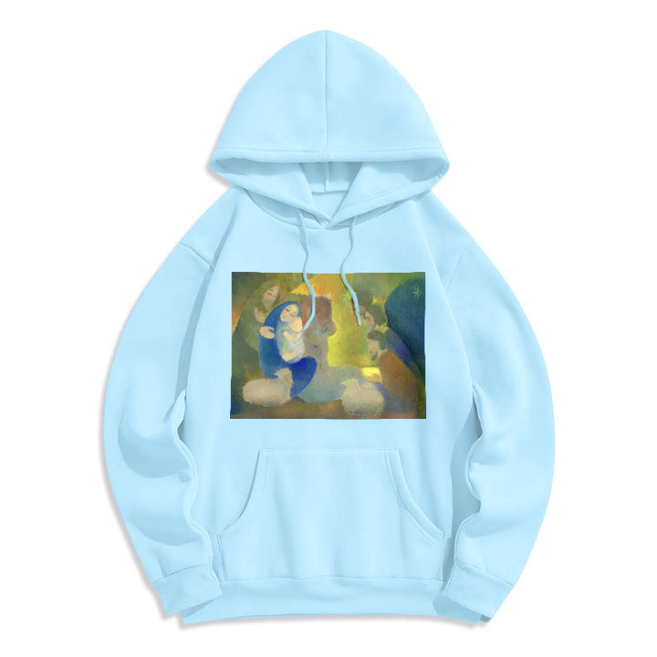 Christianartworkshop Felpa con cappuccio in poliestere foderata in pile con scena della Natività in stile classico colorato e notte santa - Blu - 2XL - image 25
